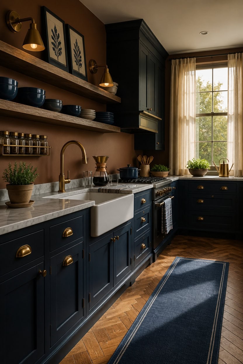 warm leaning navy complements brass