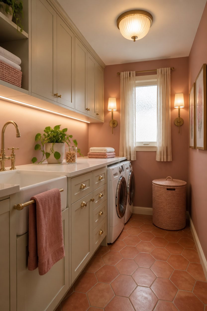 Bright laundry room with pink walls, white cabinetry, and natural light from a window.