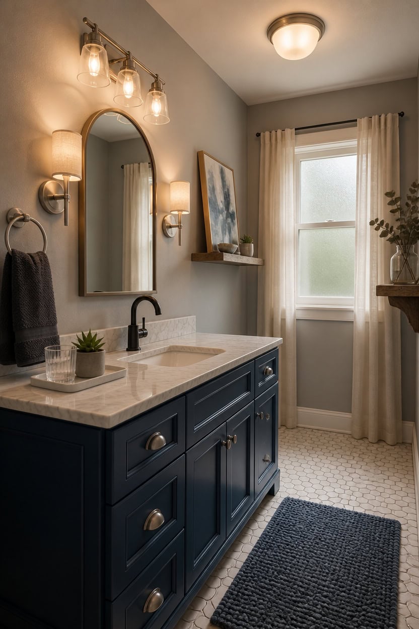 Bright bathroom featuring a blue vanity, large mirror, and natural light from a window.