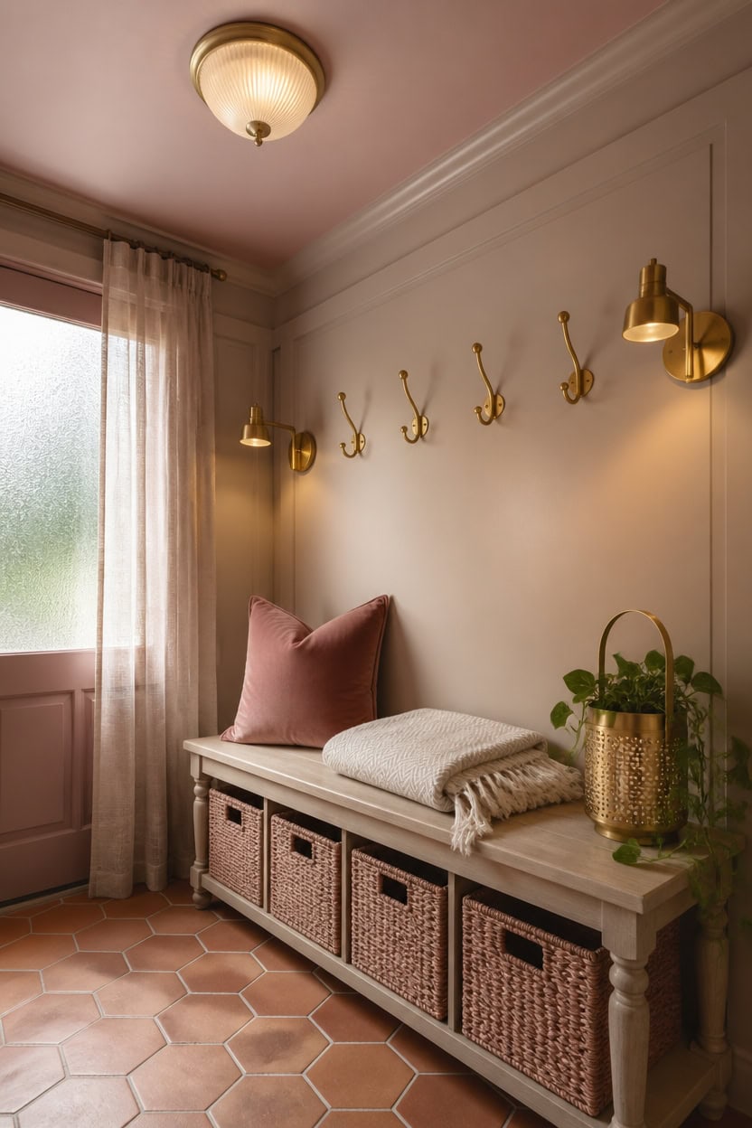 Warm entryway with wall hooks, a bench, and decorative accents in a stylish home.