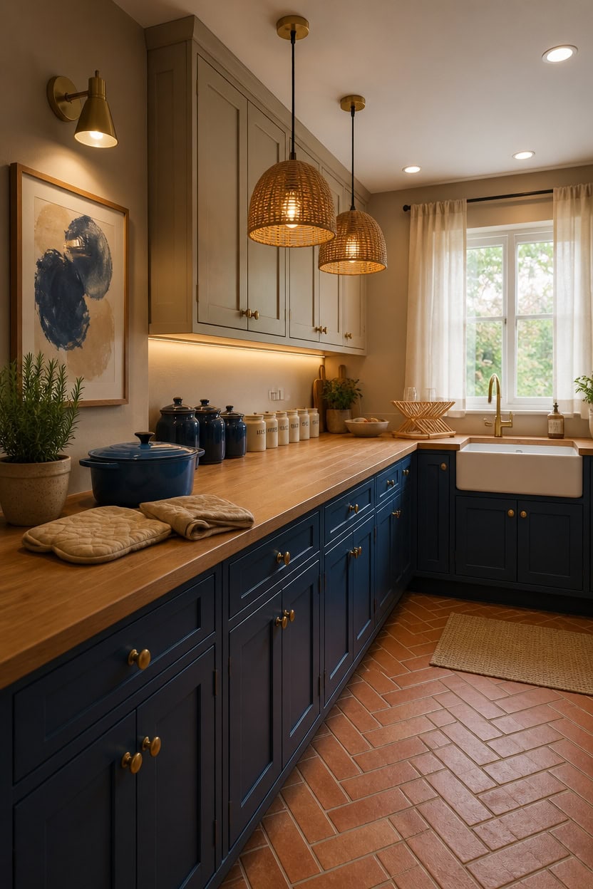Bright kitchen featuring navy blue cabinets, warm wooden countertops, and ample natural light from l.
