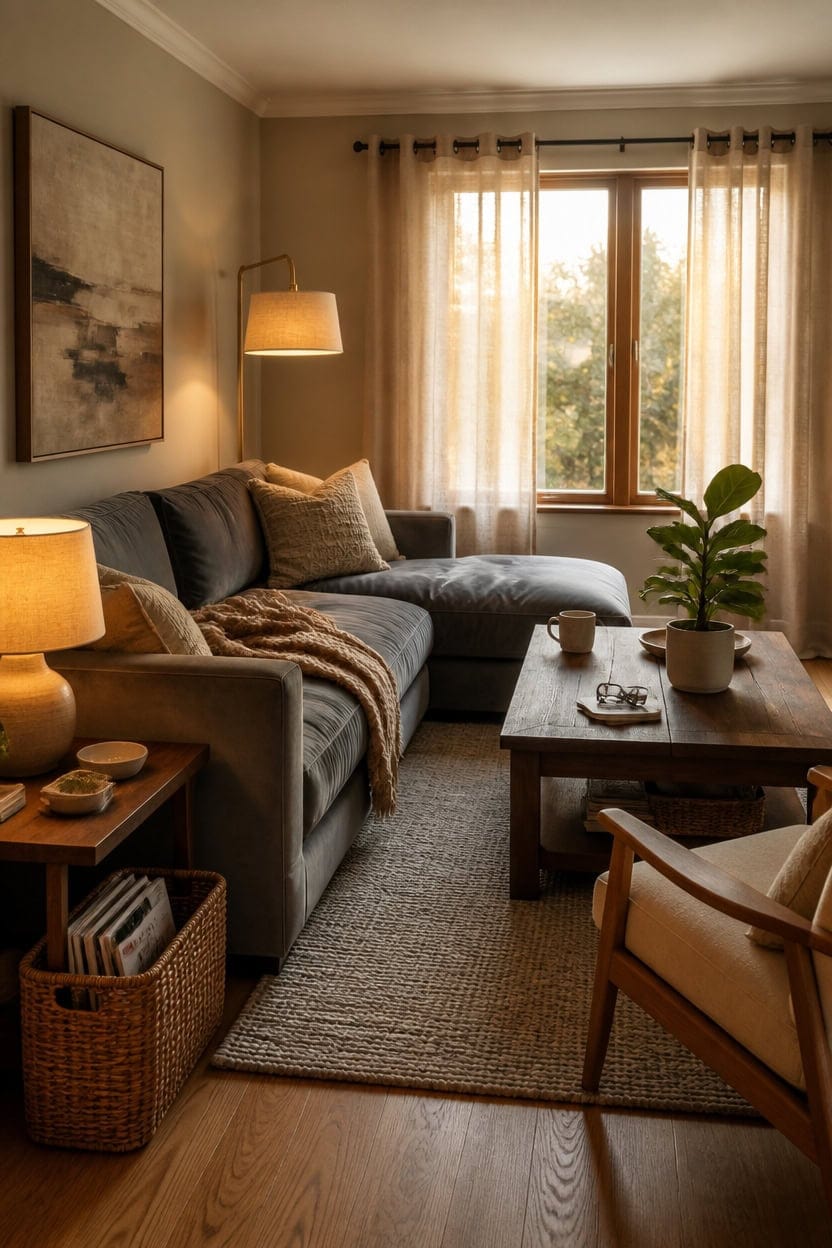 warm lighting for gray sofa