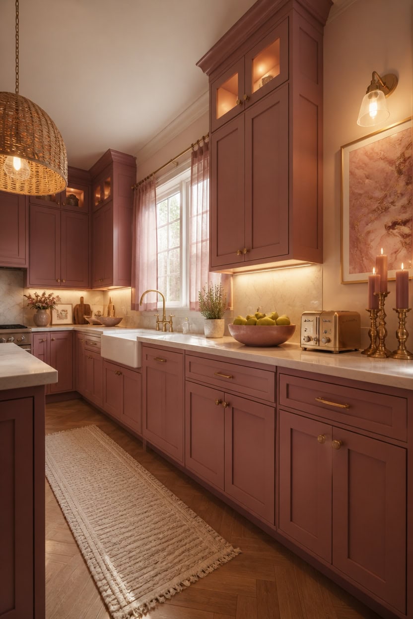 Bright pink kitchen with large window, farmhouse sink, and warm lighting.