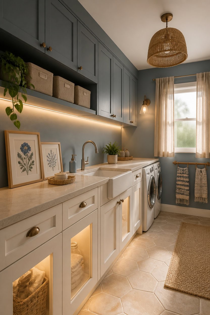 Laundry room with blue cabinetry, white countertops, and a large window providing natural light. Fea.