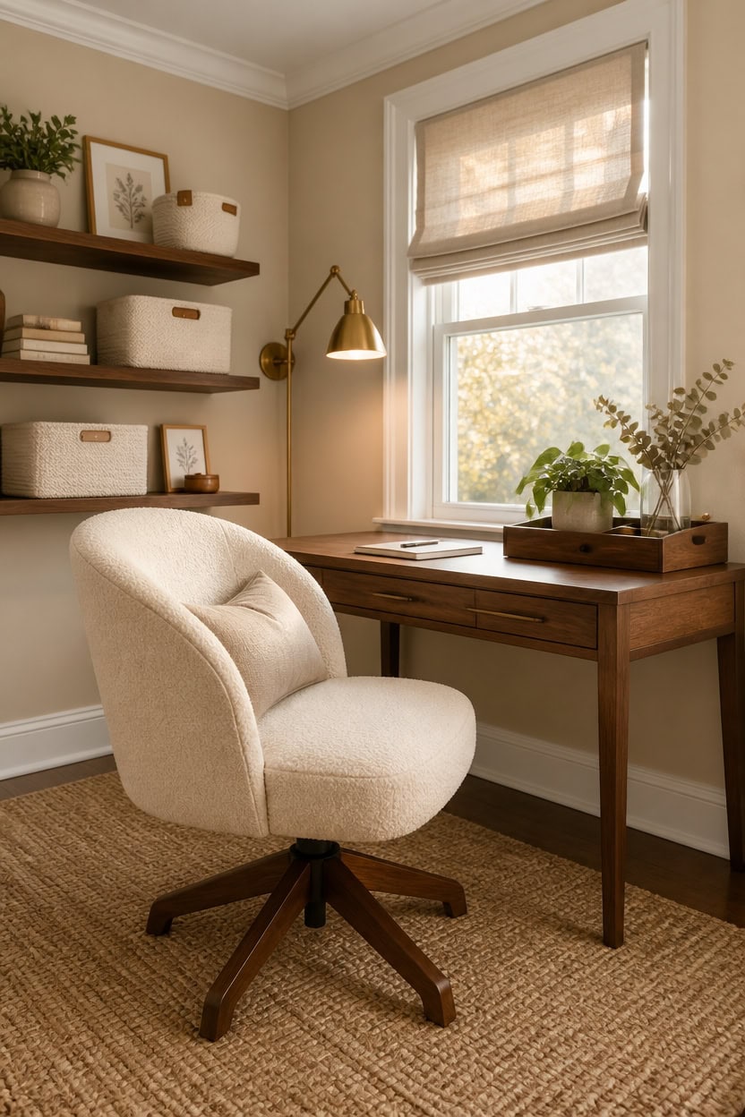 Elegant home office with a comfortable beige armchair and wooden desk near a large window. Perfect for work or study in a pea.