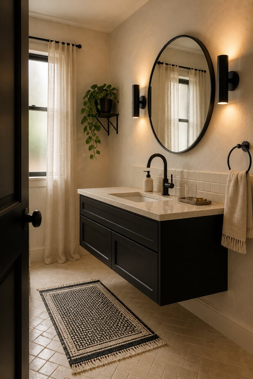 Elegant bathroom with black vanity, round mirror, and natural light.