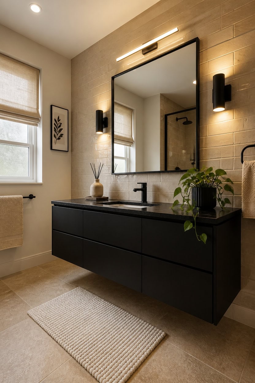 Stylish bathroom with black vanity, large mirror, and natural light.