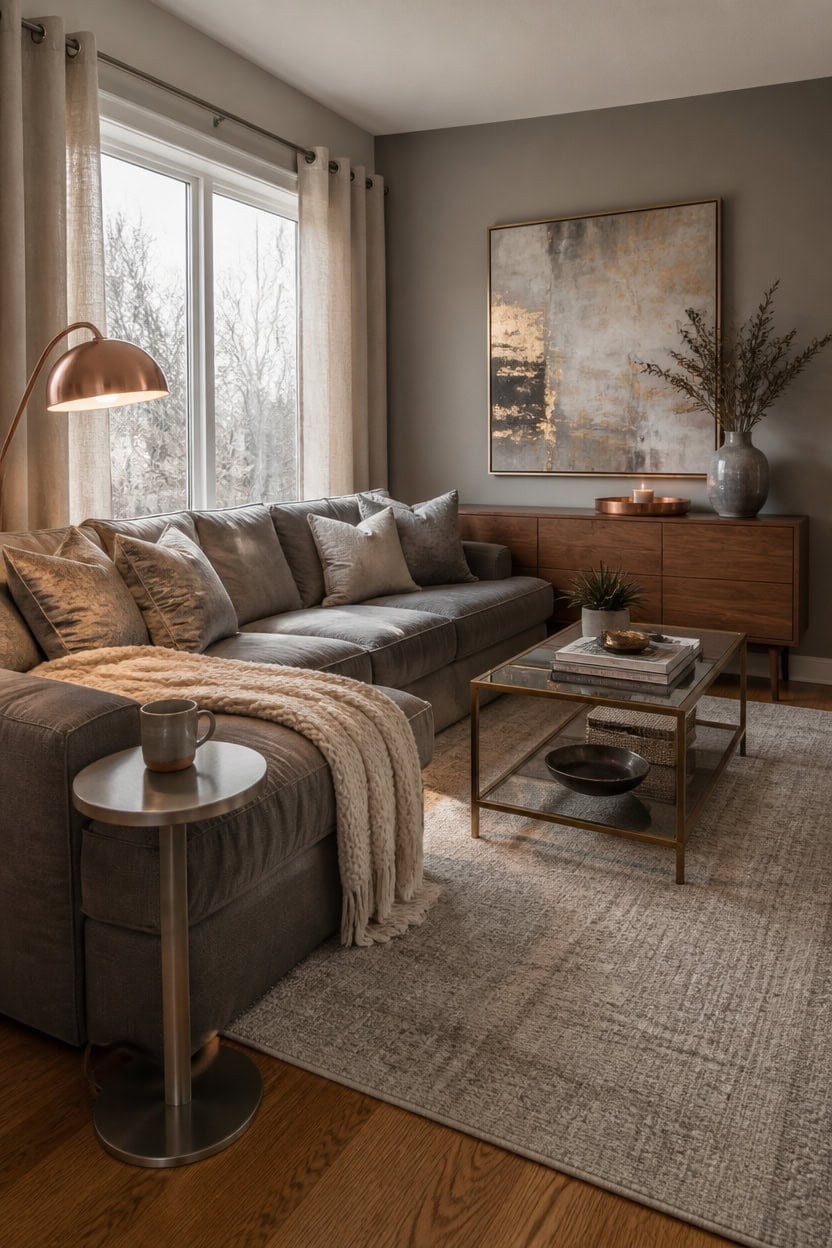 warm metallic gray accents
