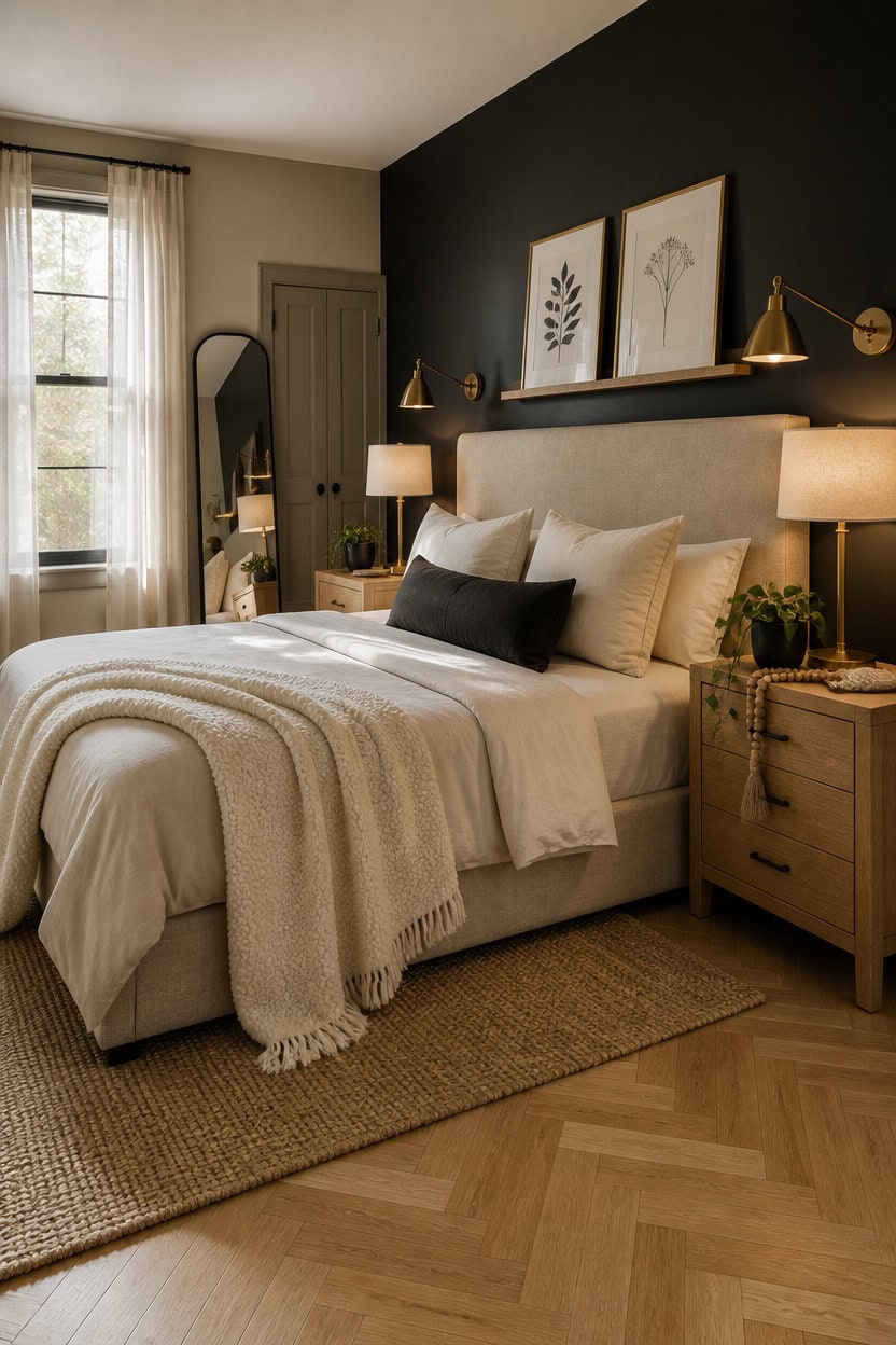Modern bedroom with cozy bed, stylish wall art, and warm lighting in a contemporary apartment.