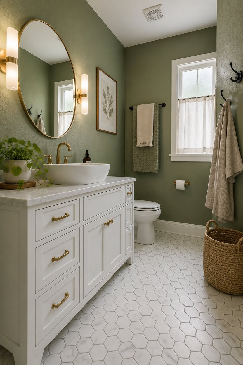 Bright bathroom with green walls, white vanity, and natural light from a window.