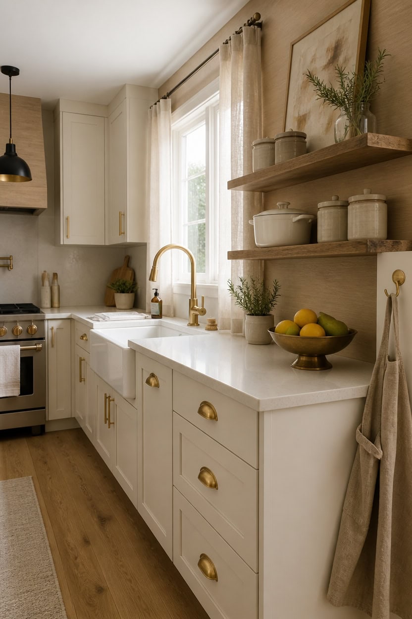 Bright kitchen featuring white cabinetry, gold hardware, and open wooden shelves with decorative jars and greenery.
