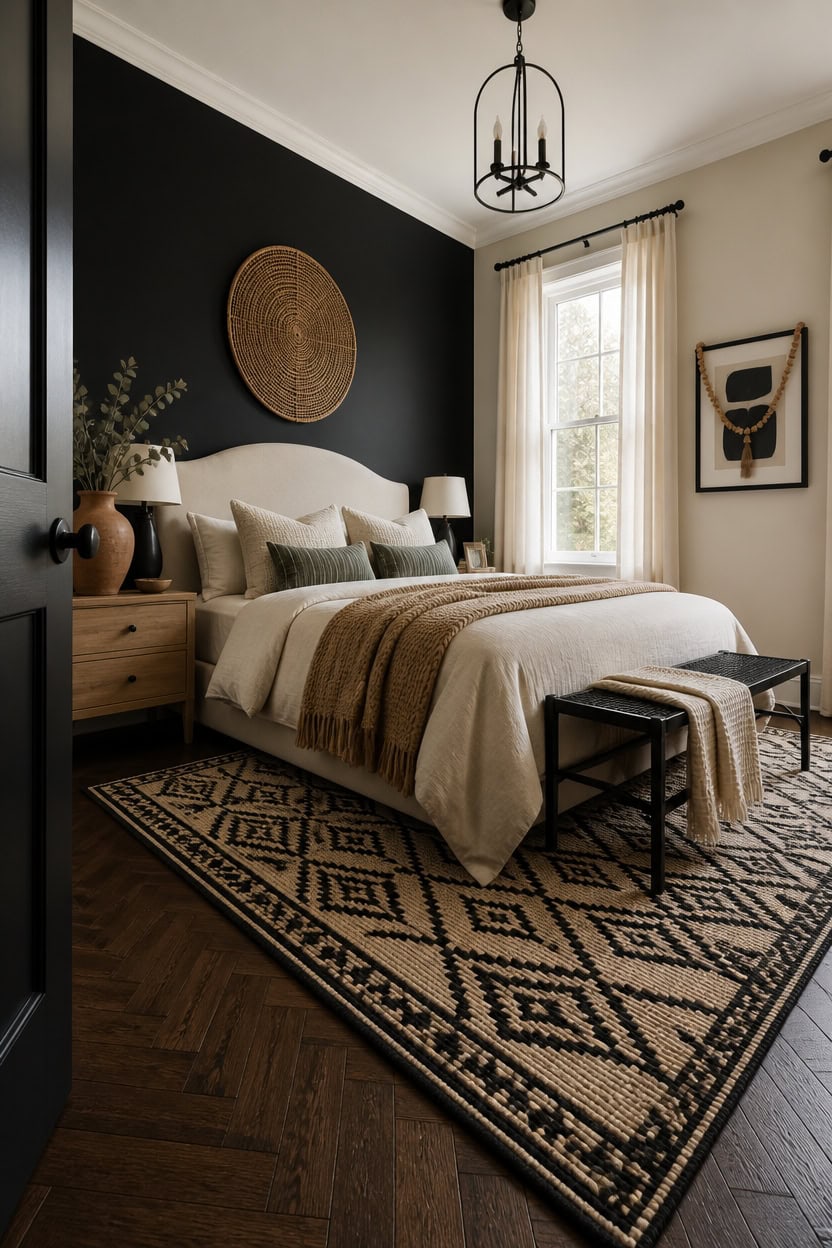 Stylish bedroom with dark accent wall, large window, and contemporary decor.