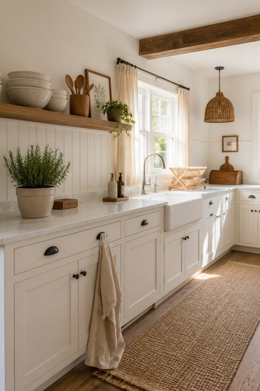 Bright white kitchen with large window, wooden accents, and minimalist decor.