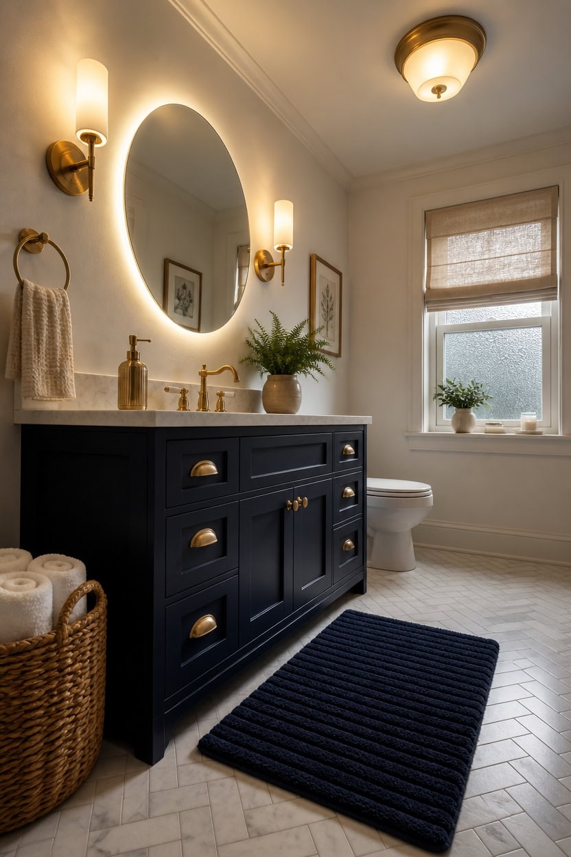 warm navy and brass lighting