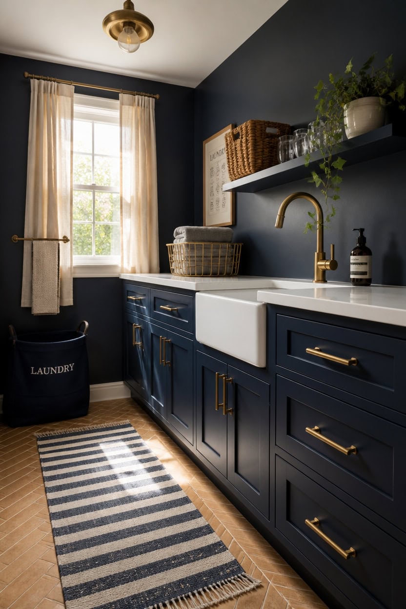 warm navy cabinets with brass