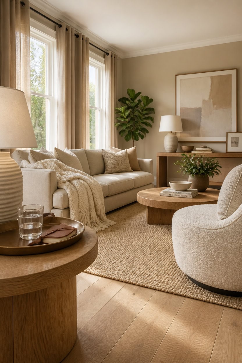 Bright and inviting living room with large windows, neutral decor, and comfortable seating. Perfect for relaxing at Apartment.