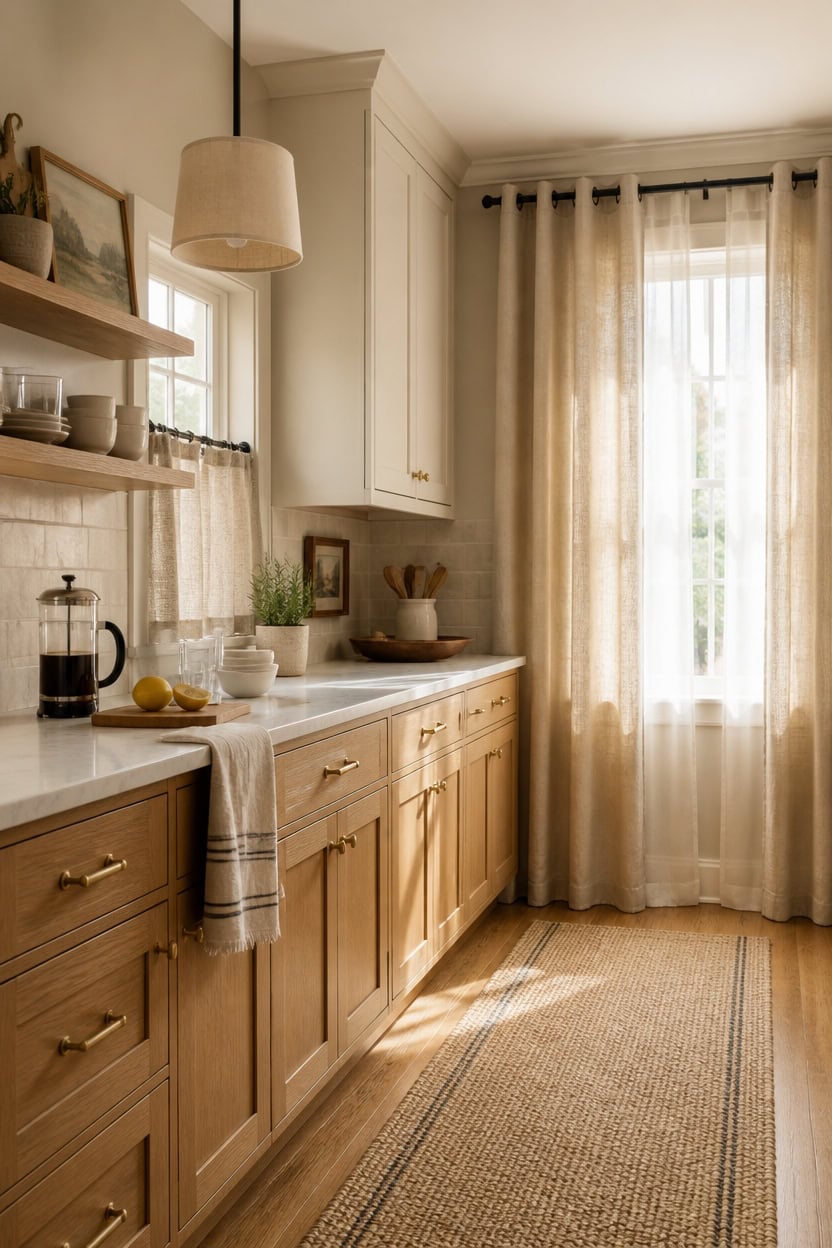 Bright and inviting kitchen with wooden cabinets, open shelving, and sunlight streaming through shee.