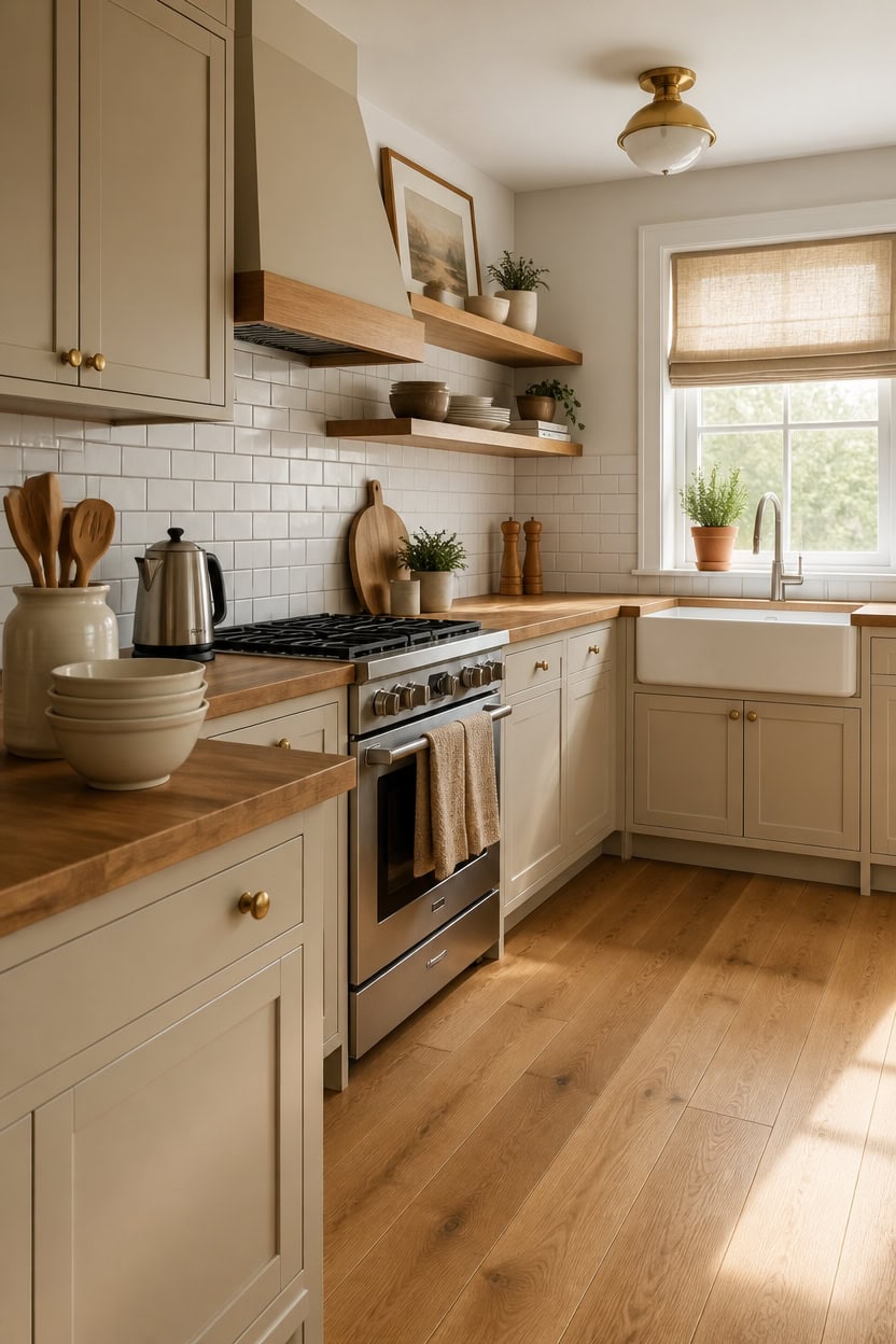 Bright kitchen with beige cabinets, wooden countertops, and open shelving. Features a window with a view and stylish decor.