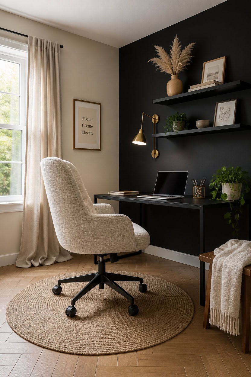 Home office setup featuring a black accent wall, beige armchair, and organized workspace with plants.