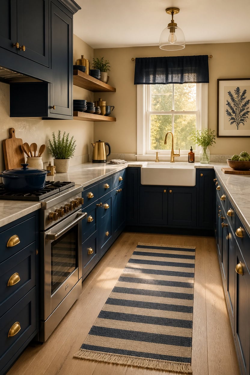 warm neutrals amplify navy cabinetry