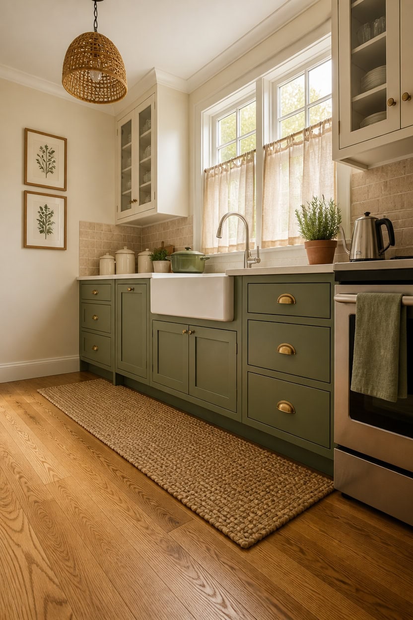 Bright kitchen with green cabinets, large window, and natural sunlight.