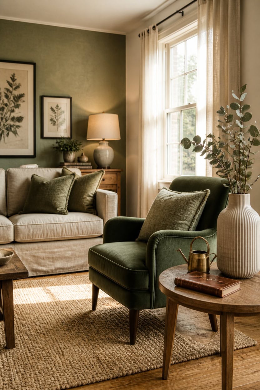 Bright and inviting living room with green accent wall, comfortable sofa, and armchair near large wi.
