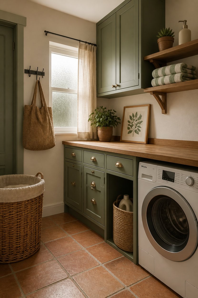 Bright laundry room featuring green cabinetry, a front-loading washing machine, and natural sunlight.