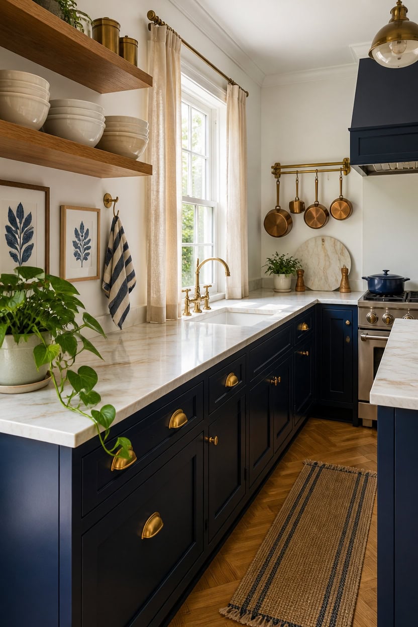 warm quartz bridges navy brass