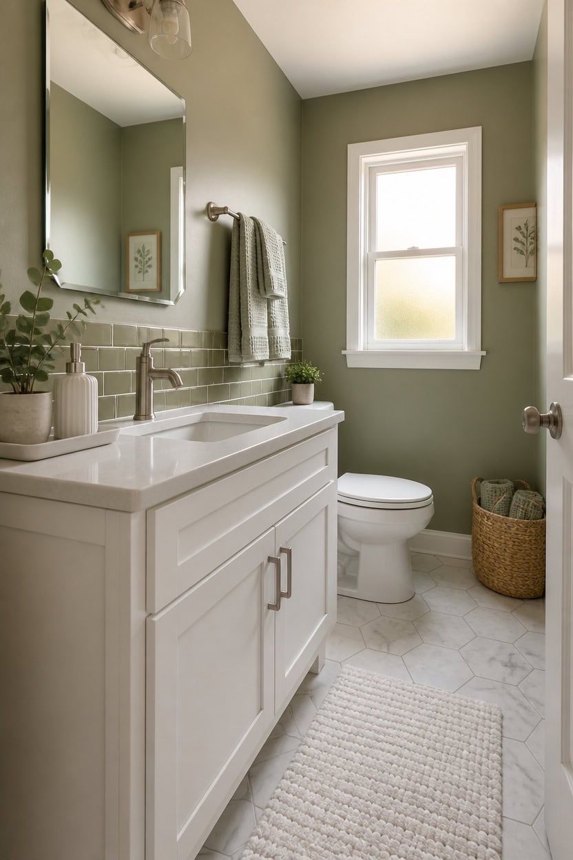 Bright bathroom featuring a white vanity, green walls, and a window with natural sunlight. Elegant a.