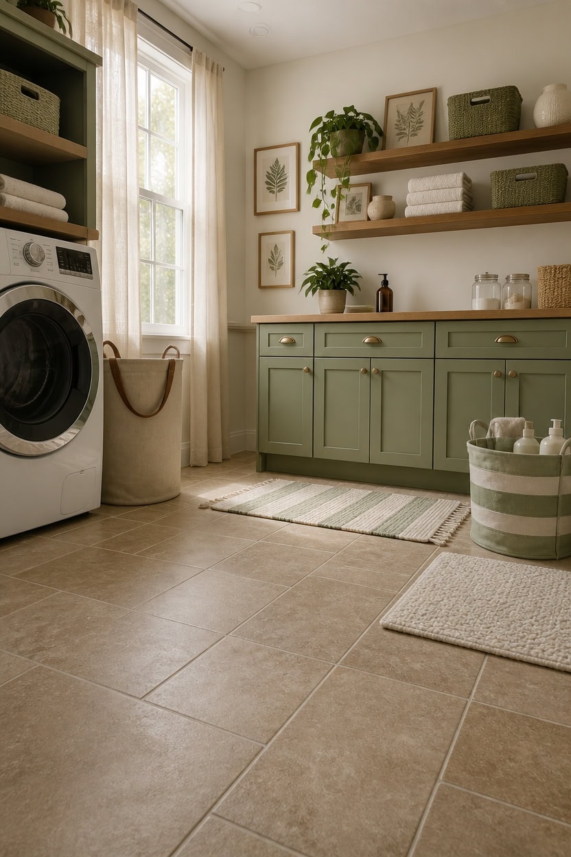 Bright laundry room with green cabinetry, washer and dryer, and decorative wall art. Features natura.