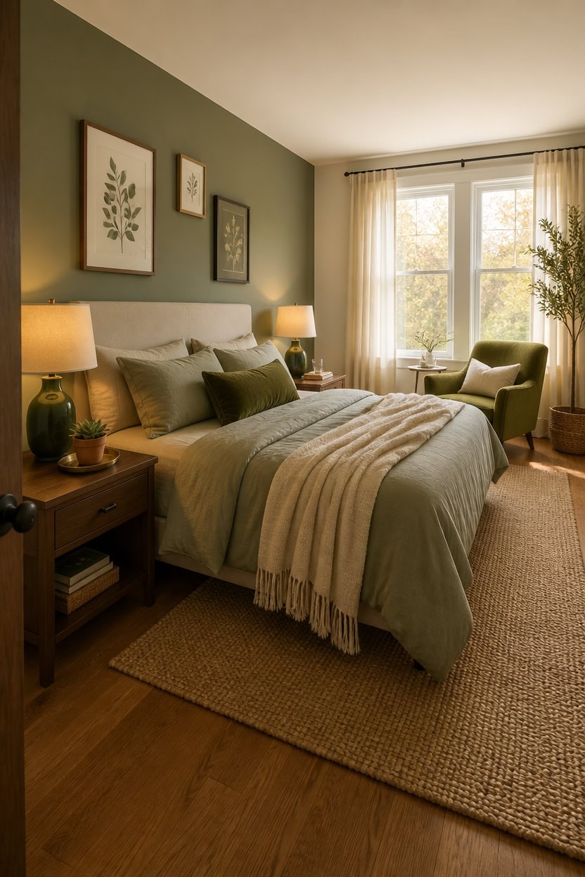 Bright bedroom with large window, green accent wall, and stylish decor. Perfect for relaxing and enj.