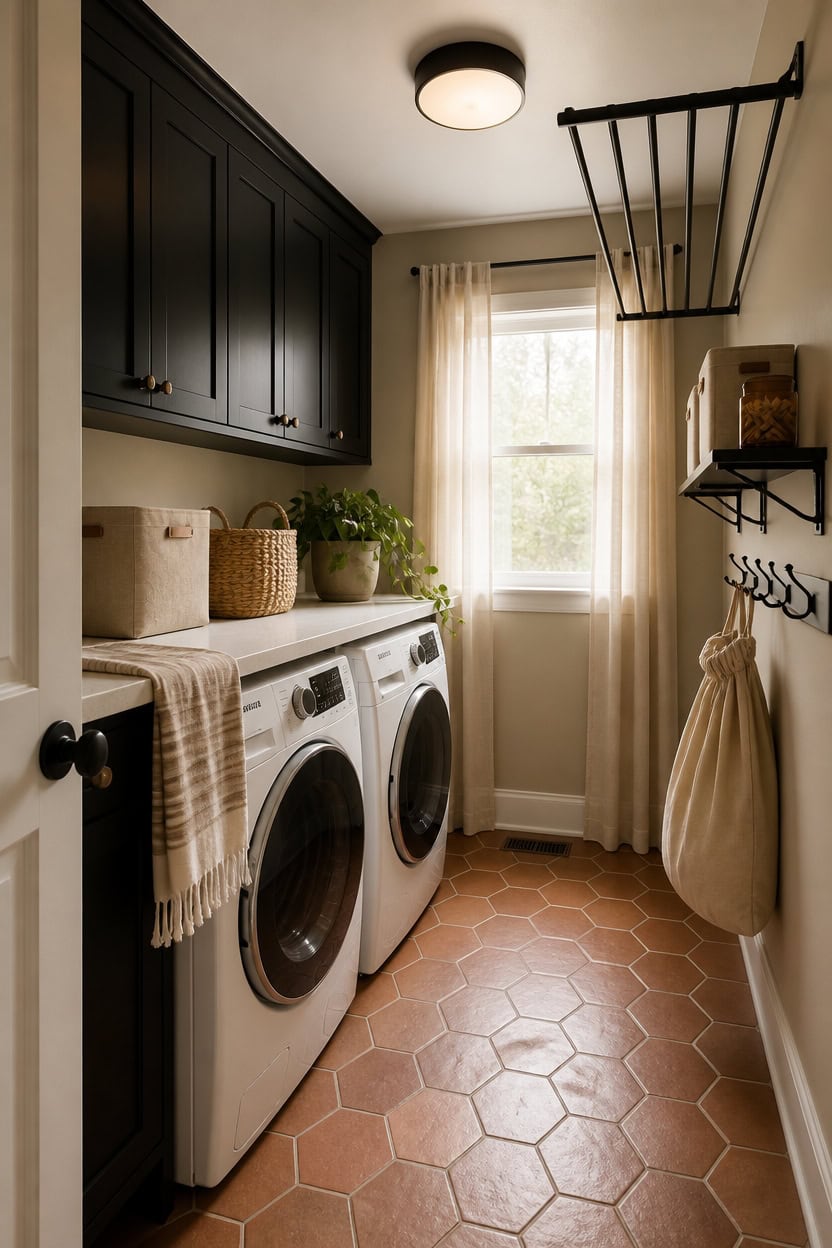 Bright laundry room with washer and dryer, dark cabinetry, and organized storage. Features a window.
