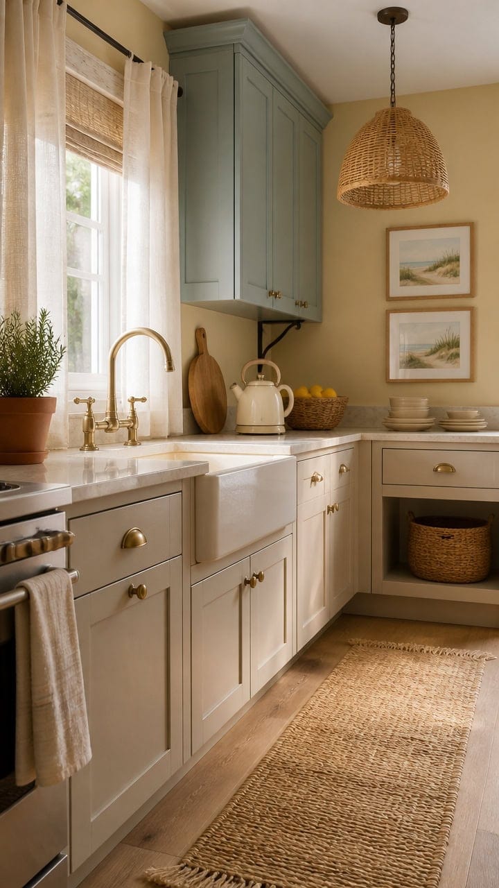 Bright kitchen featuring light blue cabinetry, a white countertop, and natural sunlight streaming through a window. Perfect f.