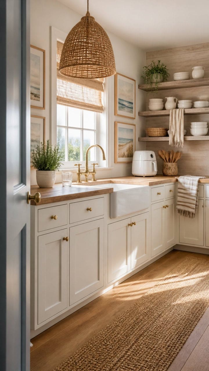 Bright kitchen featuring white cabinetry, open wooden shelves, and a large window with natural sunlight. Decor includes potte.