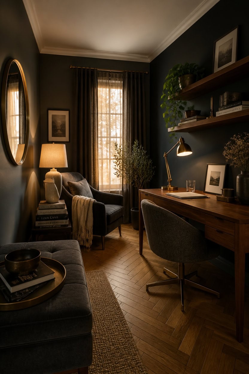 warm soft charcoal workspace
