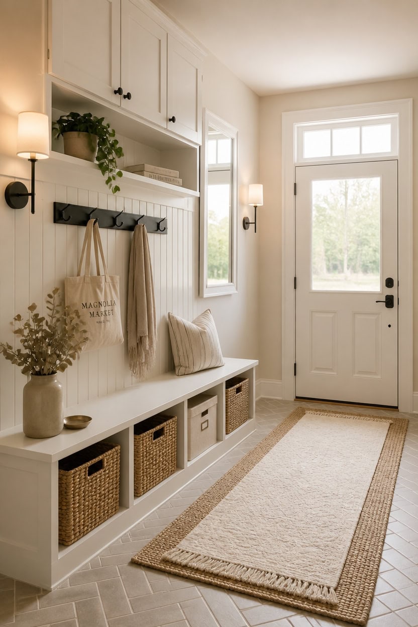 Bright entryway featuring a white bench with storage baskets, wall hooks, and large windows providing ample natural light.