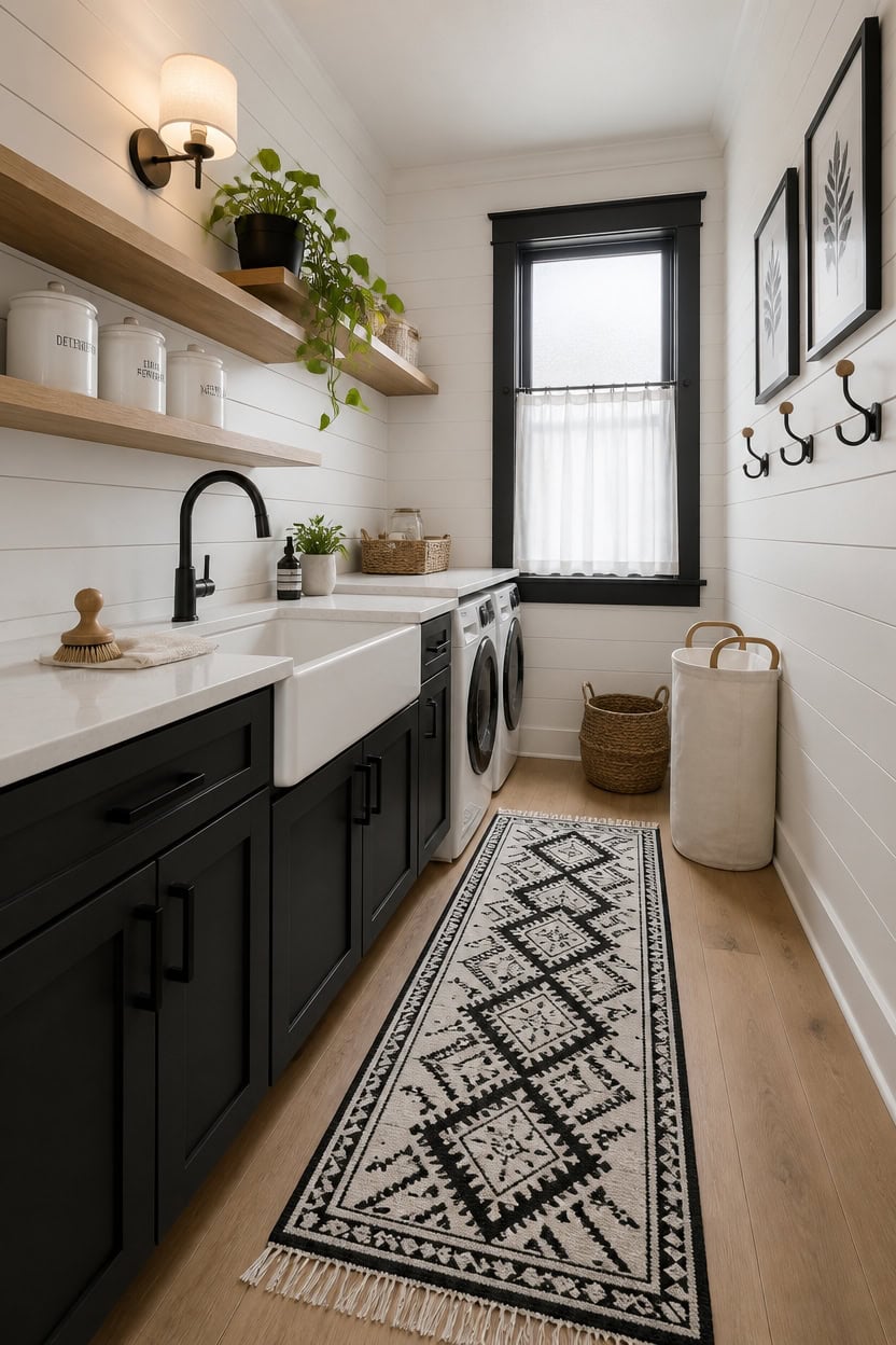 Bright laundry room with black cabinetry, white shiplap walls, and stylish decor. Features a window,.