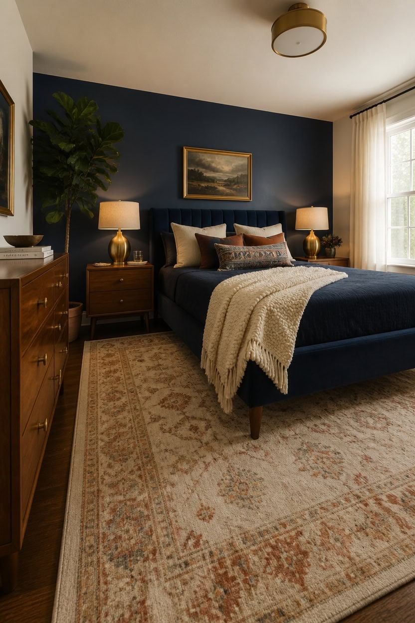 warm textured navy bedroom grounding