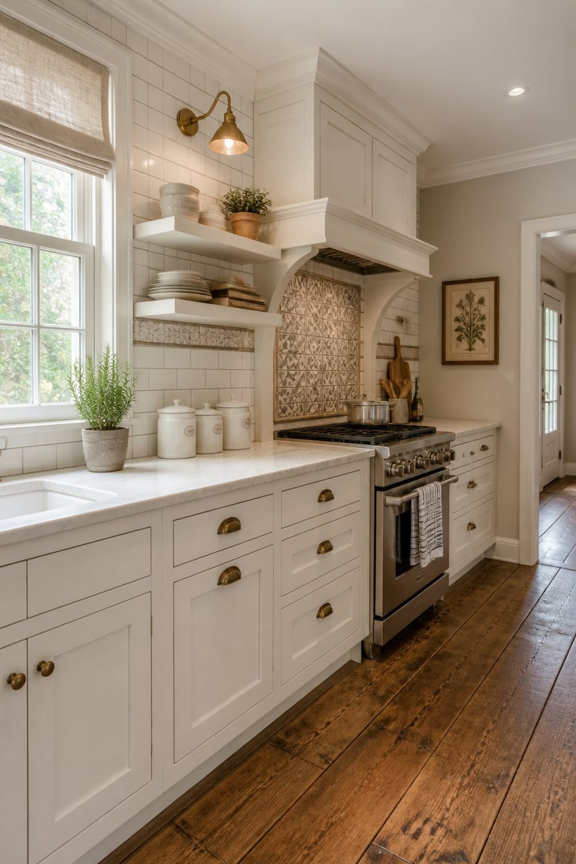 Bright white kitchen with open shelves, marble countertops, and stainless steel stove.