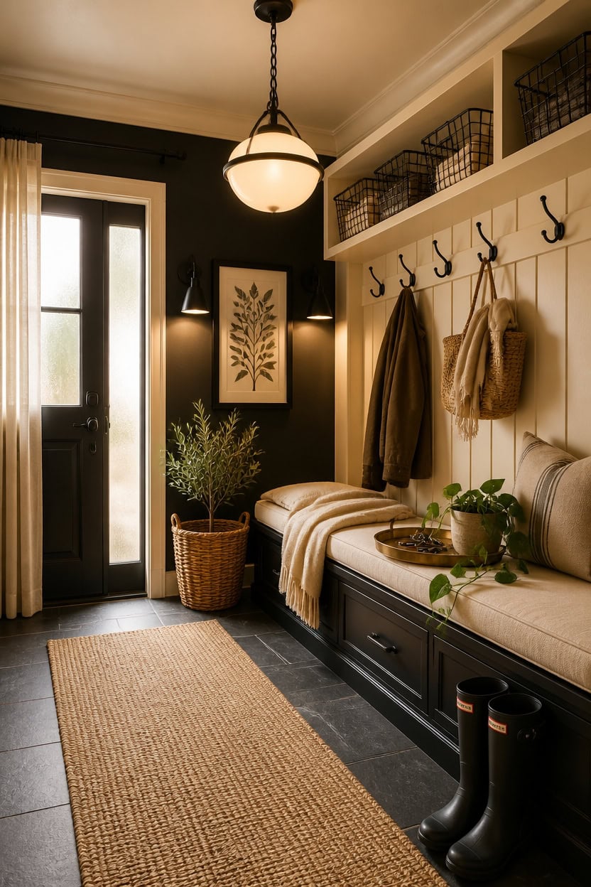 Entryway with bench, hooks, and decorative accents in a modern apartment.