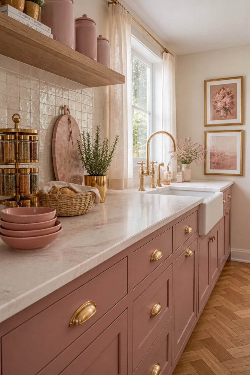 Bright pink kitchen cabinets with gold hardware and a white marble countertop.
