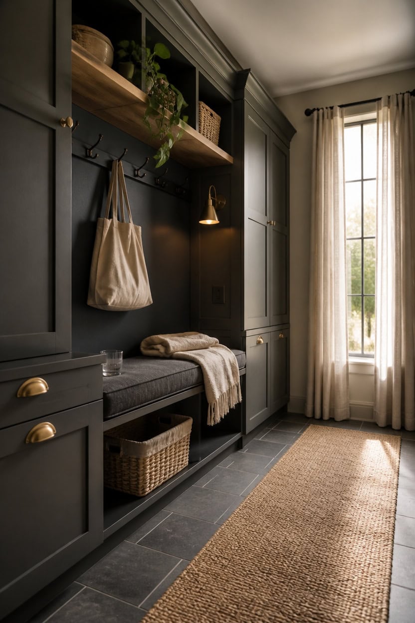 warm toned dark gray cabinetry