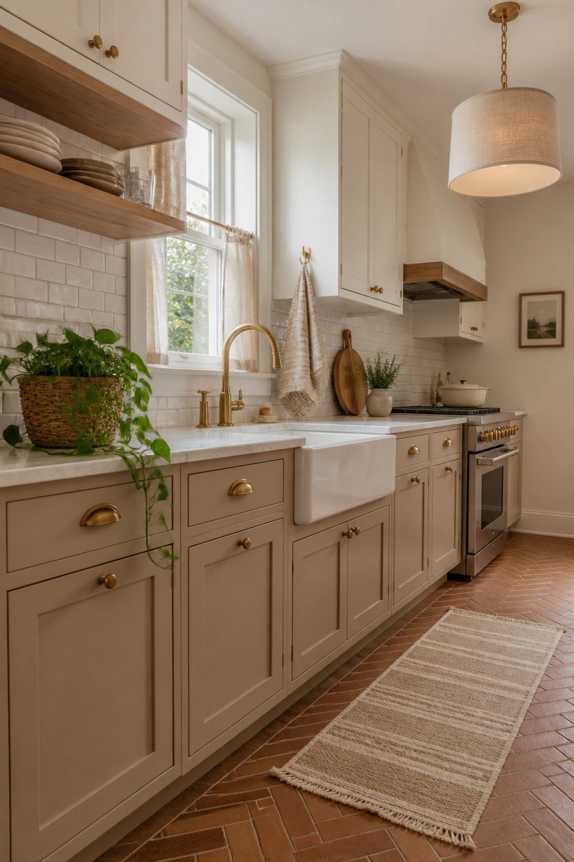Bright and inviting kitchen featuring white cabinetry, gold fixtures, and natural light. Perfect for modern apartment living.