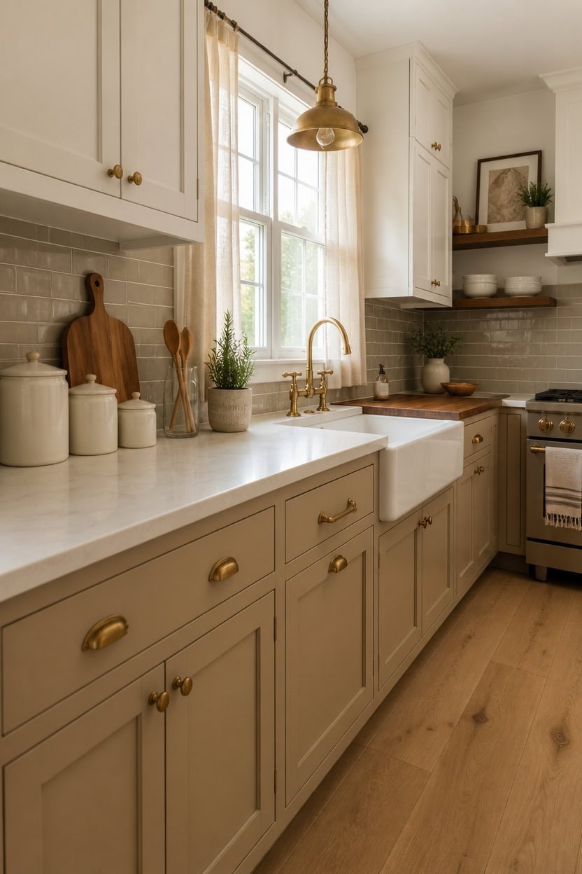 Bright kitchen featuring white cabinetry, gold hardware, and a farmhouse sink. Natural light enhances the inviting and stylis.