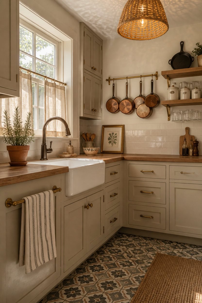 Bright vintage kitchen with farmhouse sink and open shelving.