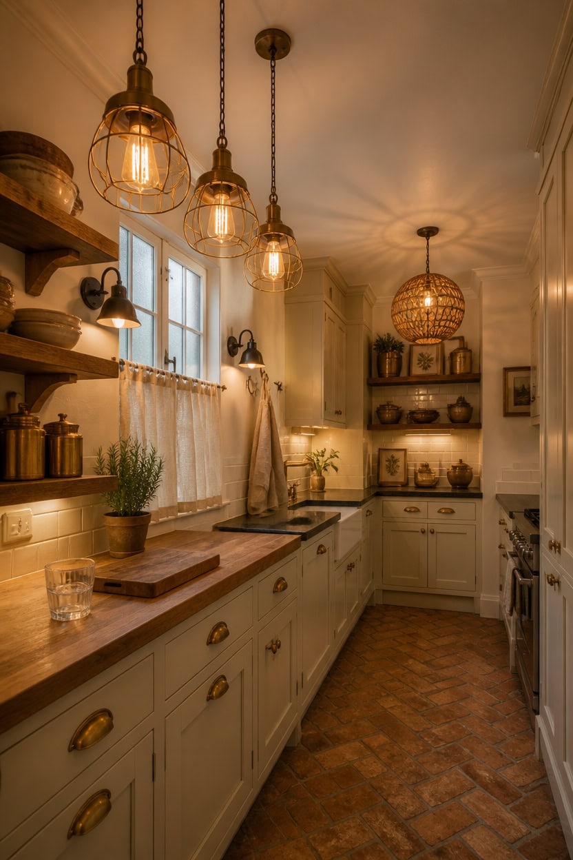 Warmly lit vintage kitchen with pendant lights, white cabinets, and rustic decor.