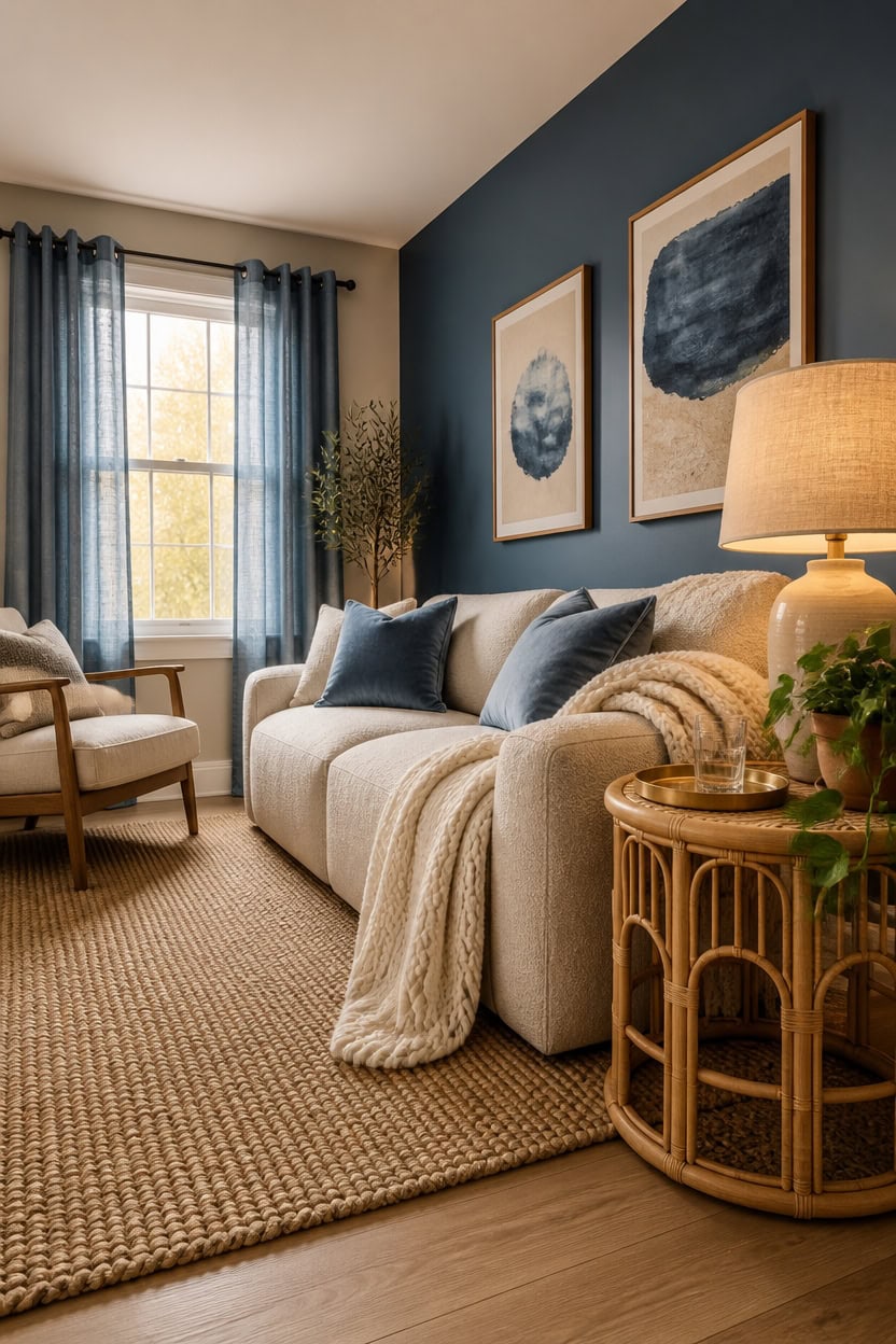 Bright living room with beige sofa, blue curtains, and wall art.