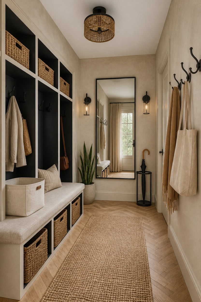 Entryway with built-in storage, hooks, and natural light.