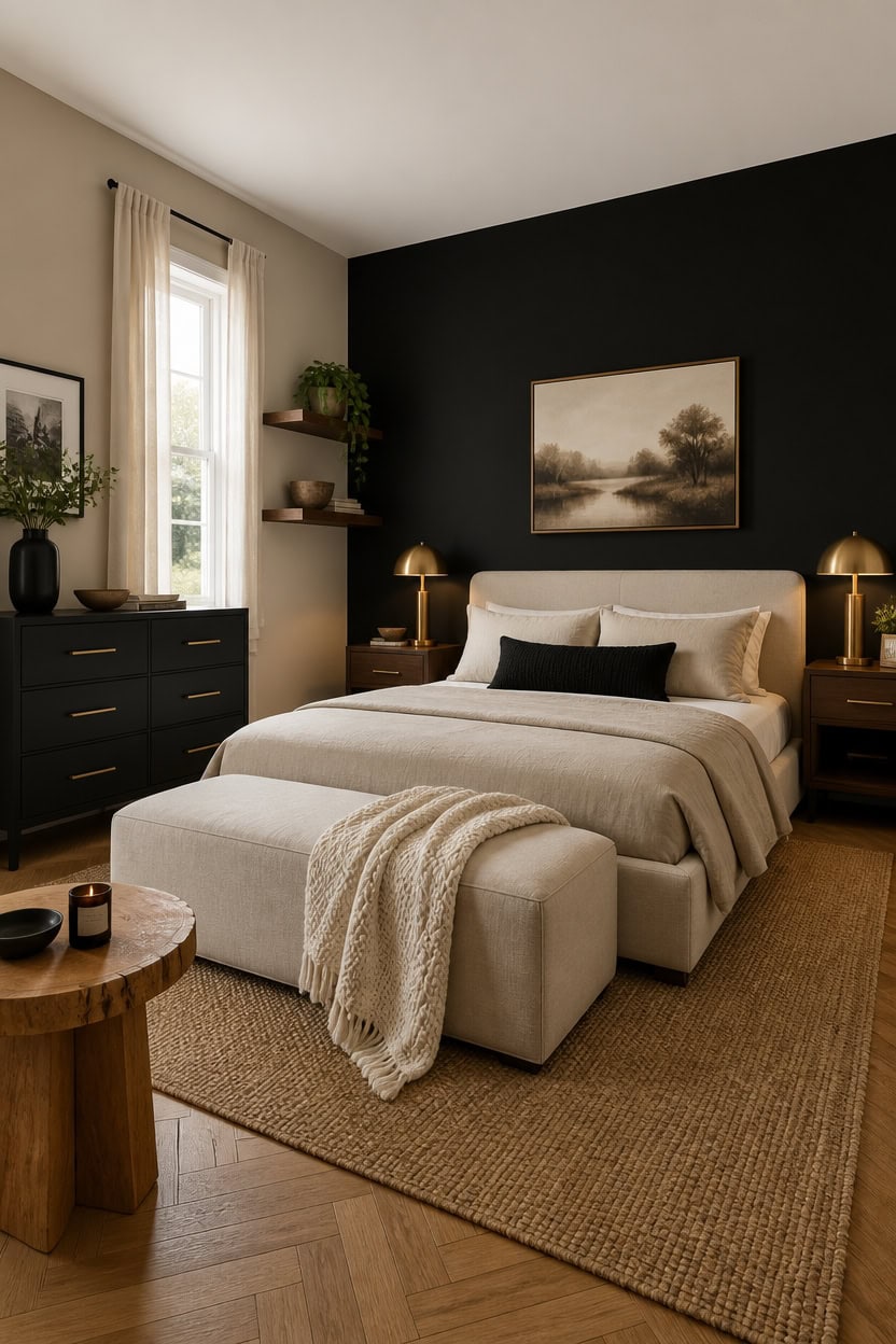 Elegant bedroom featuring a black accent wall, beige bedding, and stylish decor.