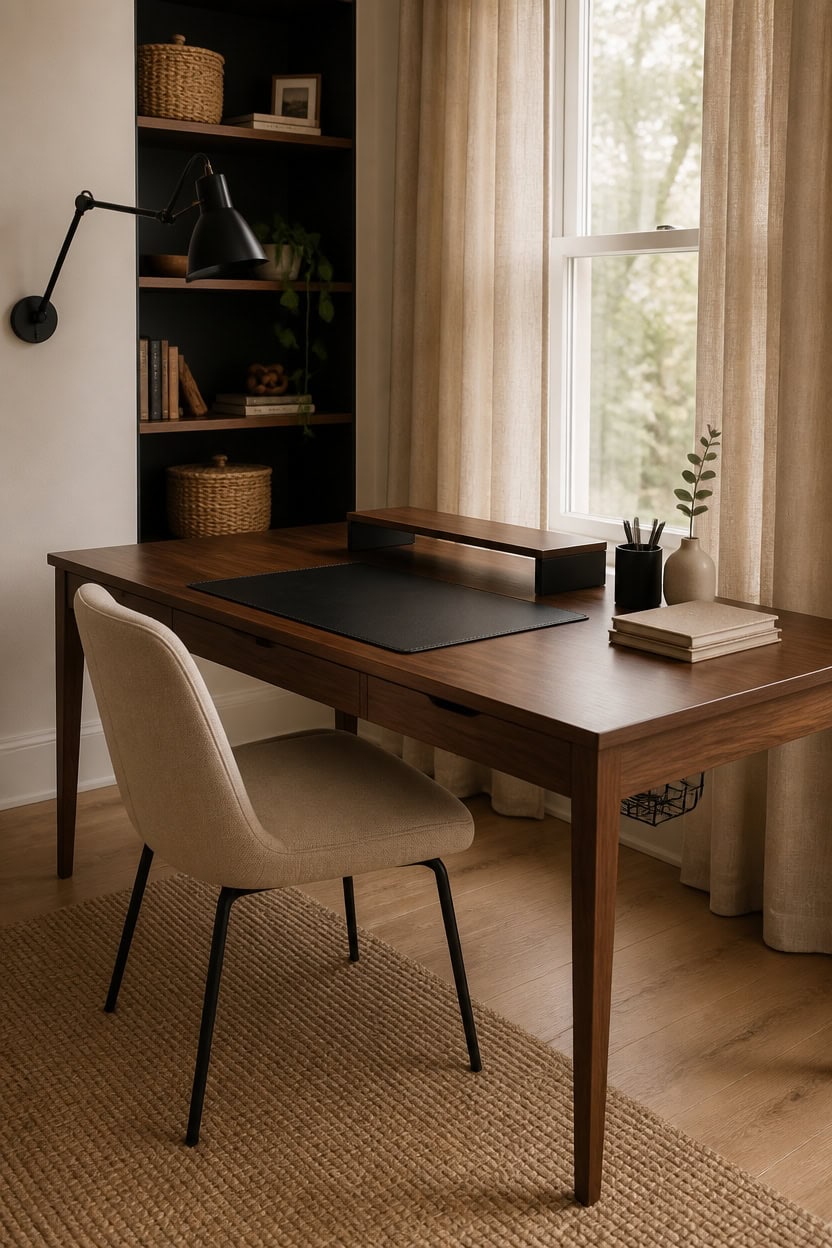 Cozy home office with wooden desk, beige chair, and large window with curtains.